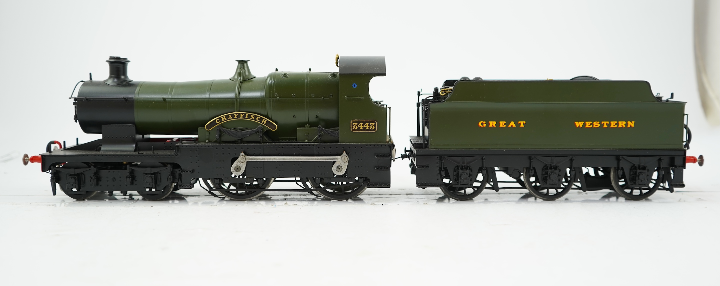 A Gauge One model, possibly kit built, of GWR Chaffinch 3443, 4-4-0 tender locomotive, the model is built to a very high level of detail and powered for two rail operation.